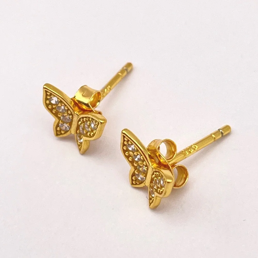 Sterling Tiny Sparkling Butterfly Post Earrings Gold‎ Wash Crystal Encrusted